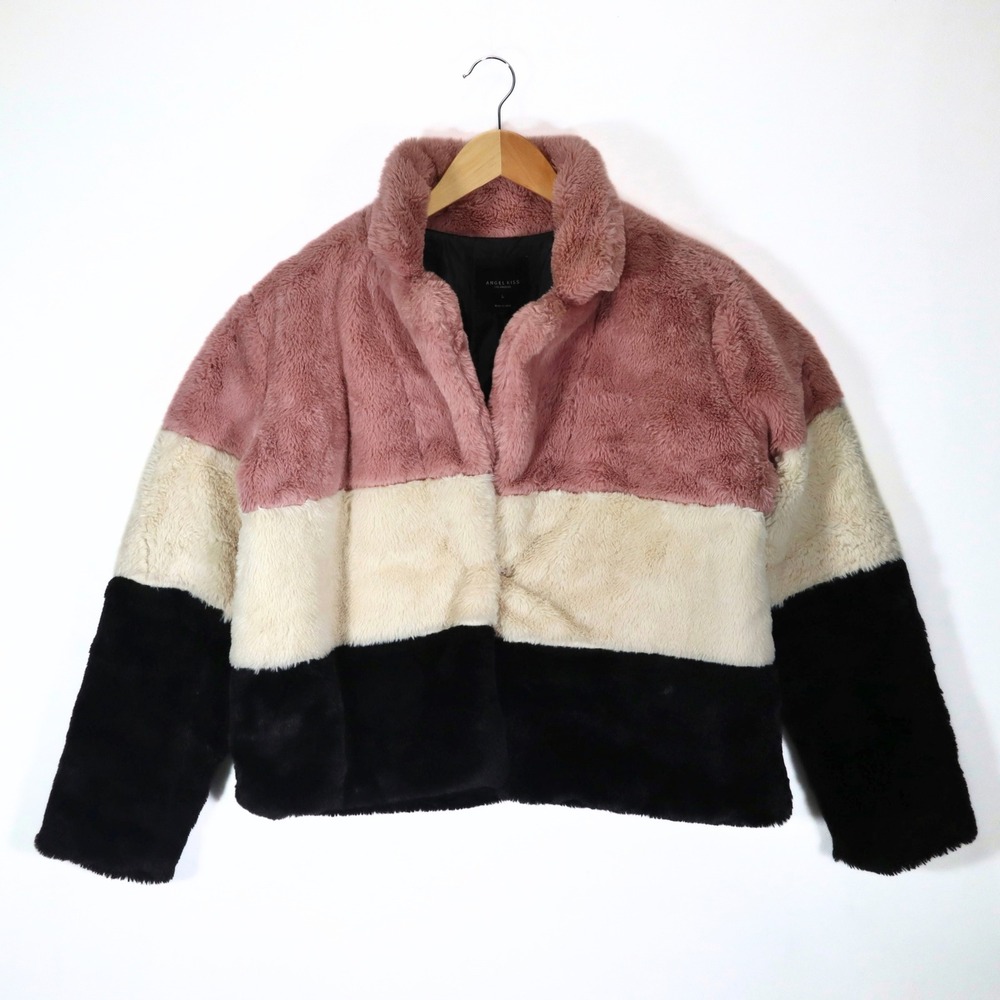 Angel Kiss Faux Fur Jacket Women L Pink Cream Black Colorblock Plush Winter Coat